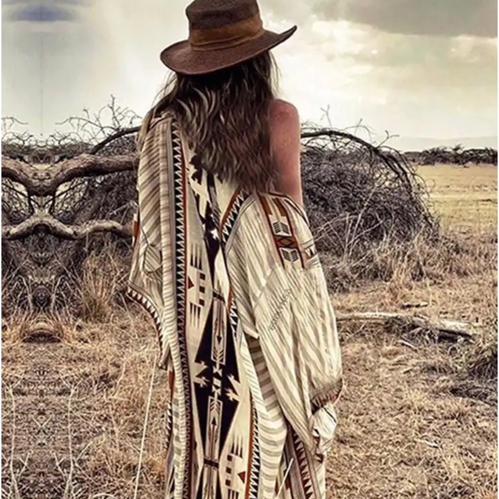 69. CLEARANCE Bohemian Tribal Tan Oversized Resort Beach Maxi Long Kimono - Picture 2 of 4